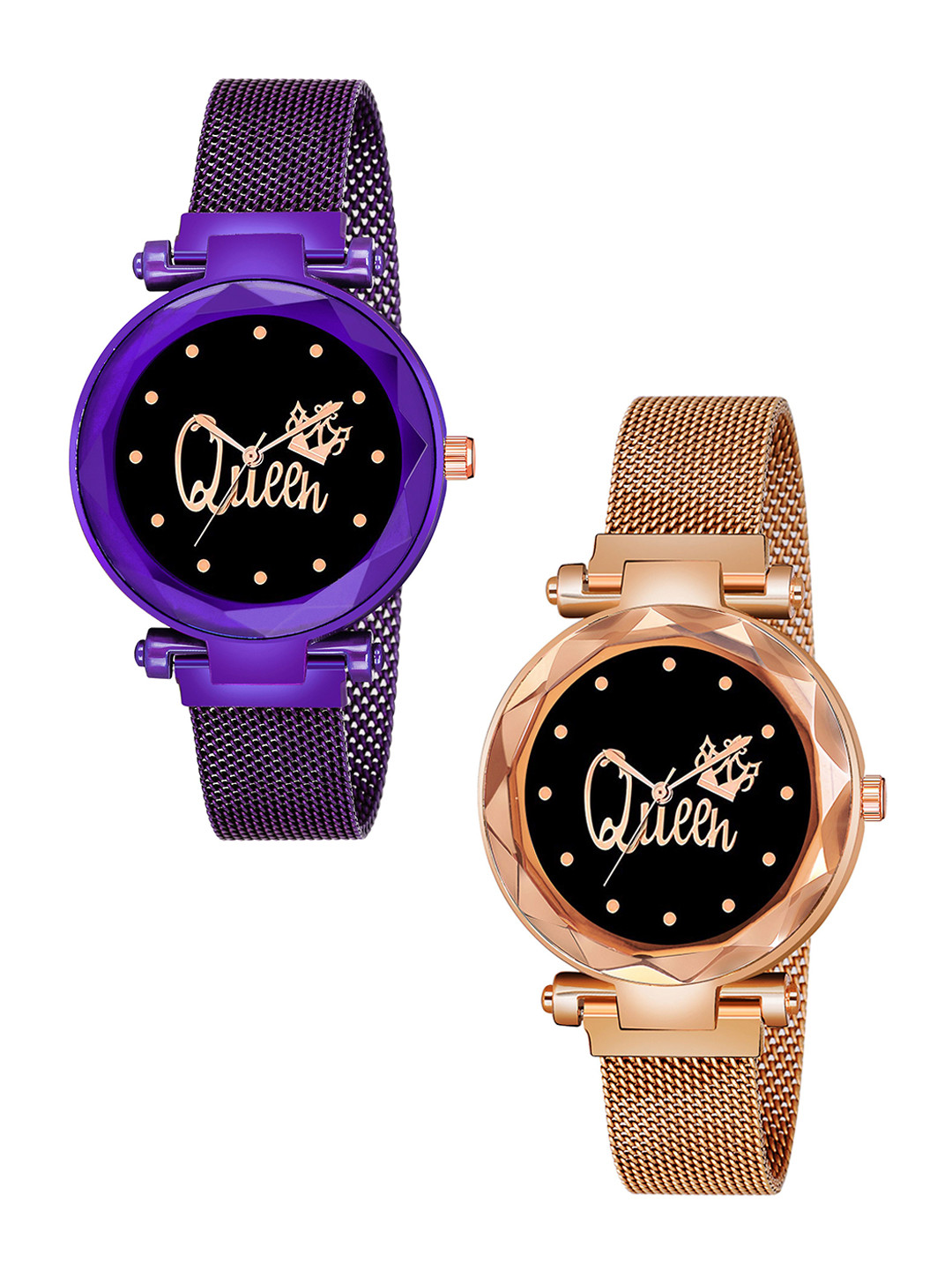 CSAMON Women Pack OF 2 Dial & Bracelet Style Straps Analogue Watch Queen Purple Rose Gold