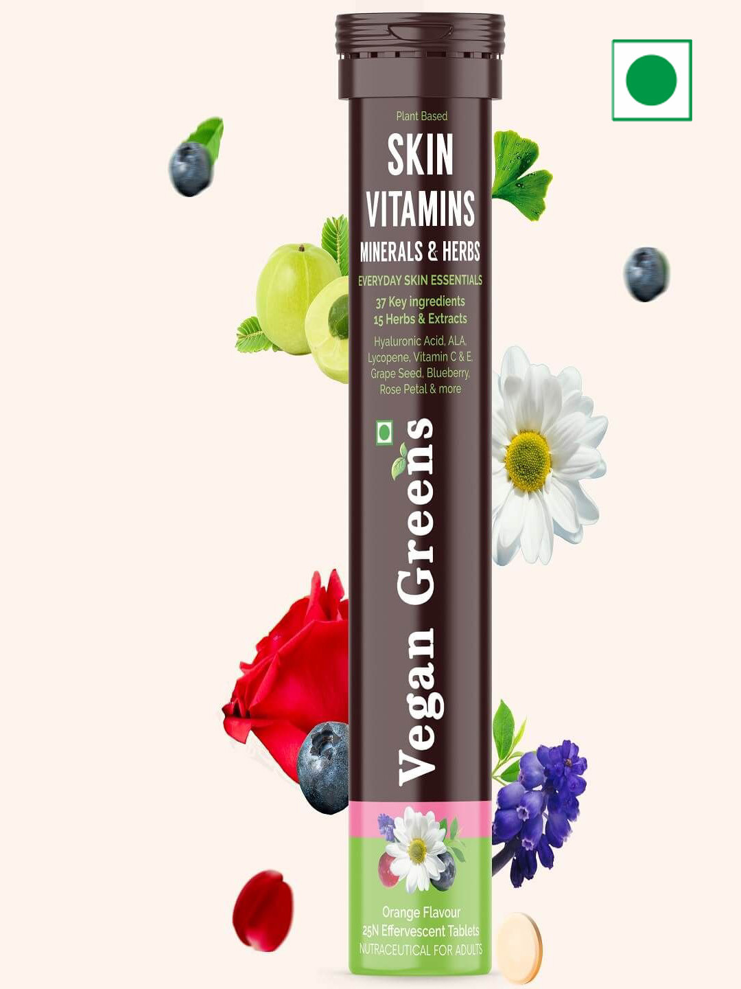 Vegan Greens Skin Vitamins 37 Ingredient Tablets- 25 Tablets- Orange