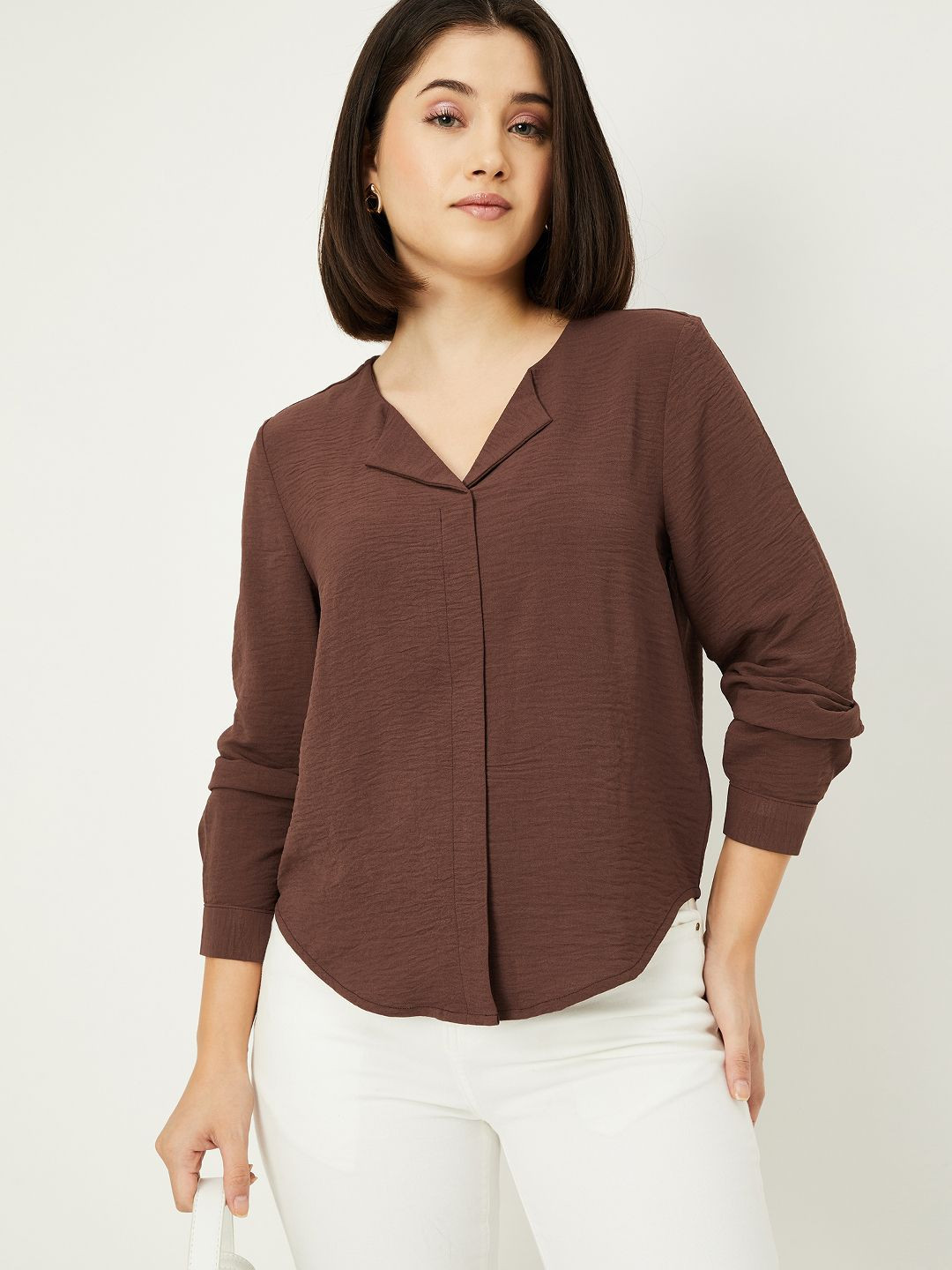 max Women Solid Collreless Casual Shirt