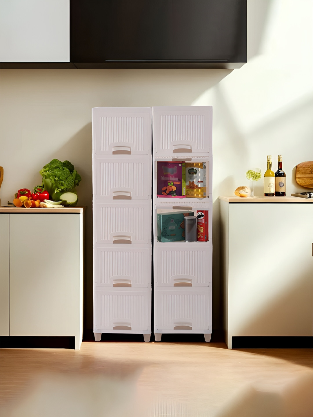 Aura White 10 Units Striped Multipurpose ( 5 + 5 ) Folding Cabinet Storage Organizers