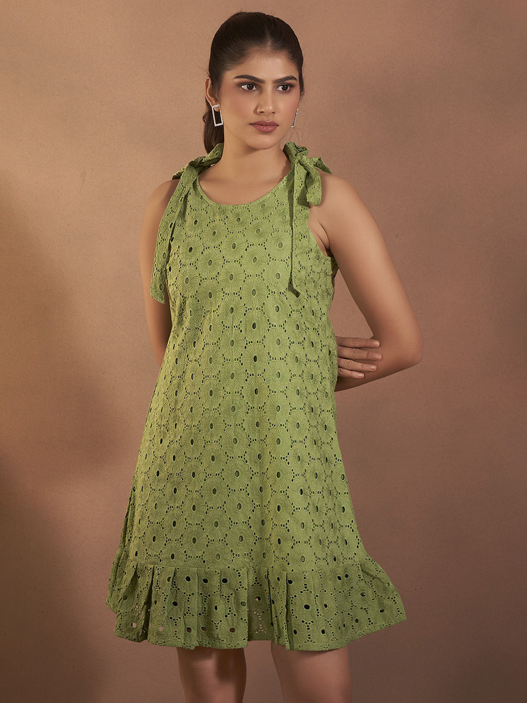 Anouk Women Cotton Self-Designed Schiffli A-Line Dress