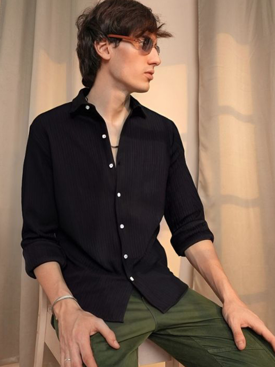 URBANICE Textured Spread Collar Slim-Fit Cotton Shirt