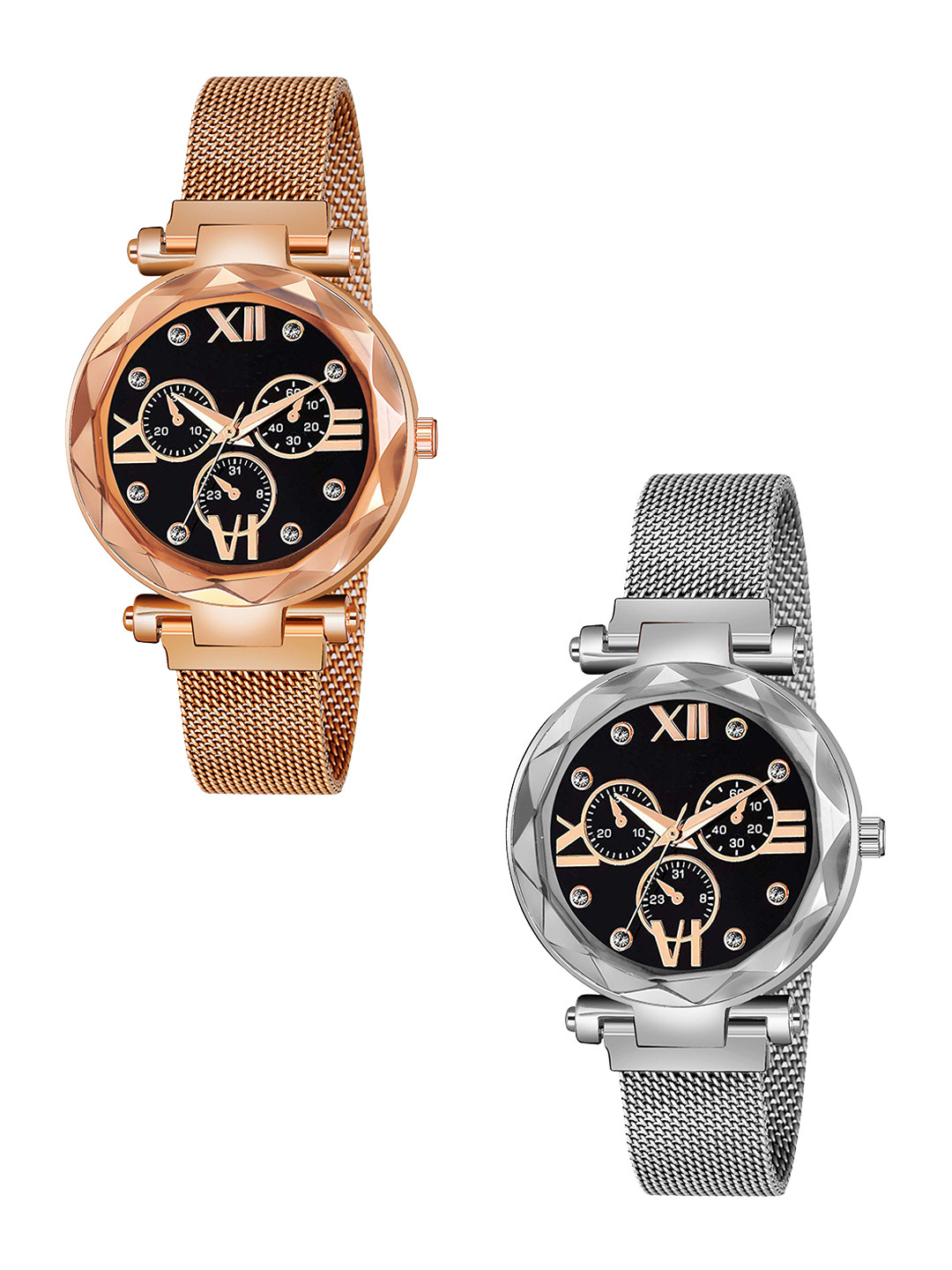 CSAMON Women Pack Of 2 Analogue Watch Mina Black RoseGold Silver Maganet
