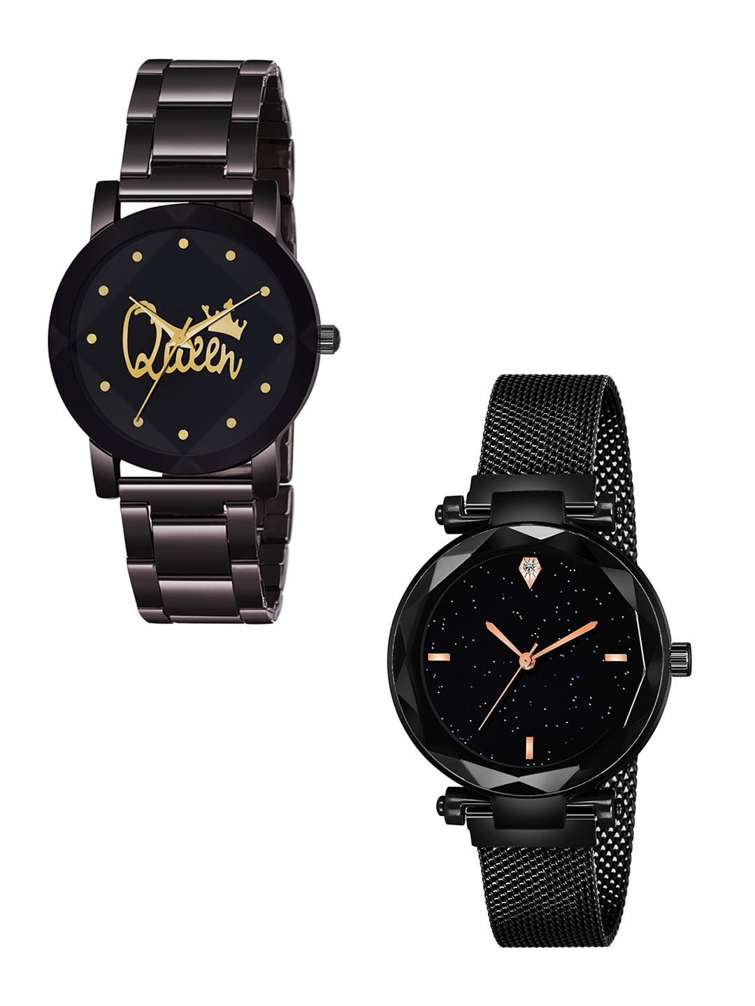 CSAMON Women Set of 2 Bracelet Style Straps Analogue Watch Metal_queen_379_Black_4