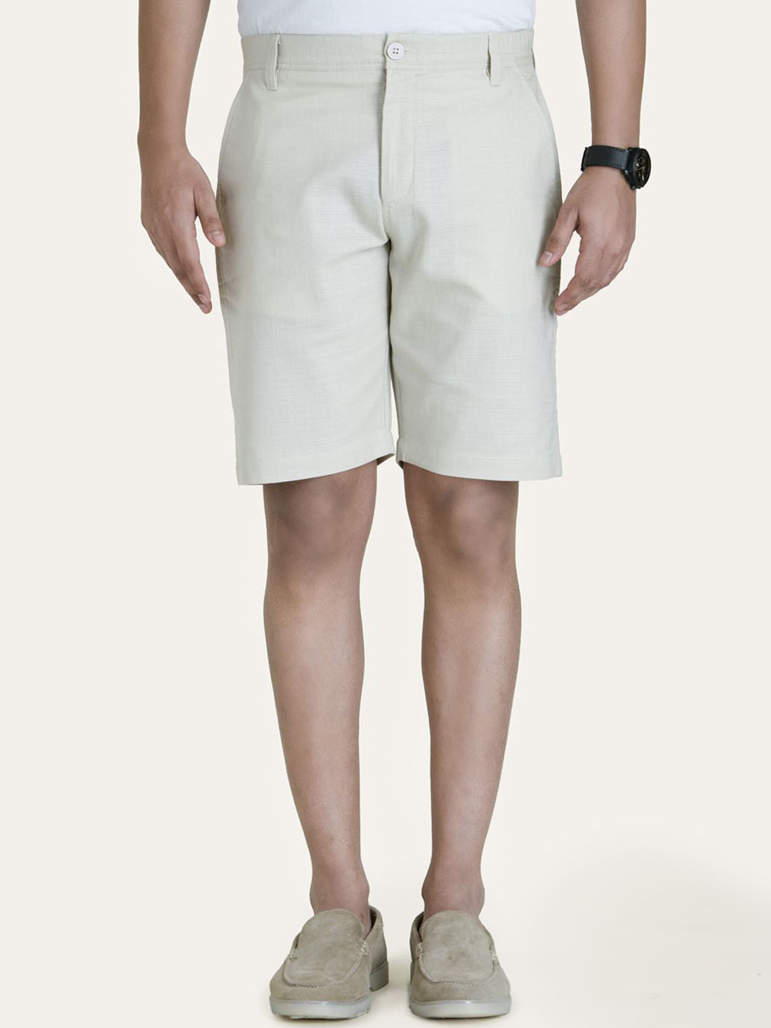 PERCH Men Linen Beige Solid Shorts
