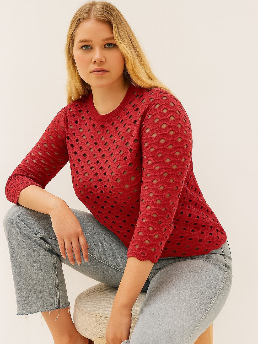 sollobell Women Self Design Round Neck Cherry Red Regular Cotton Top