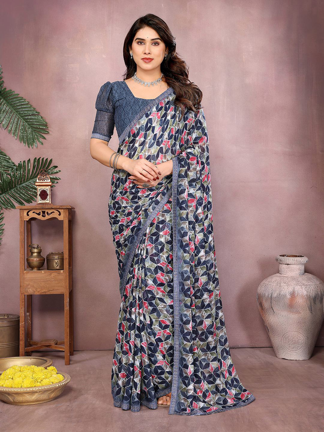 Moda Rapido  Geometric Pattern Beads and Stones  Saree