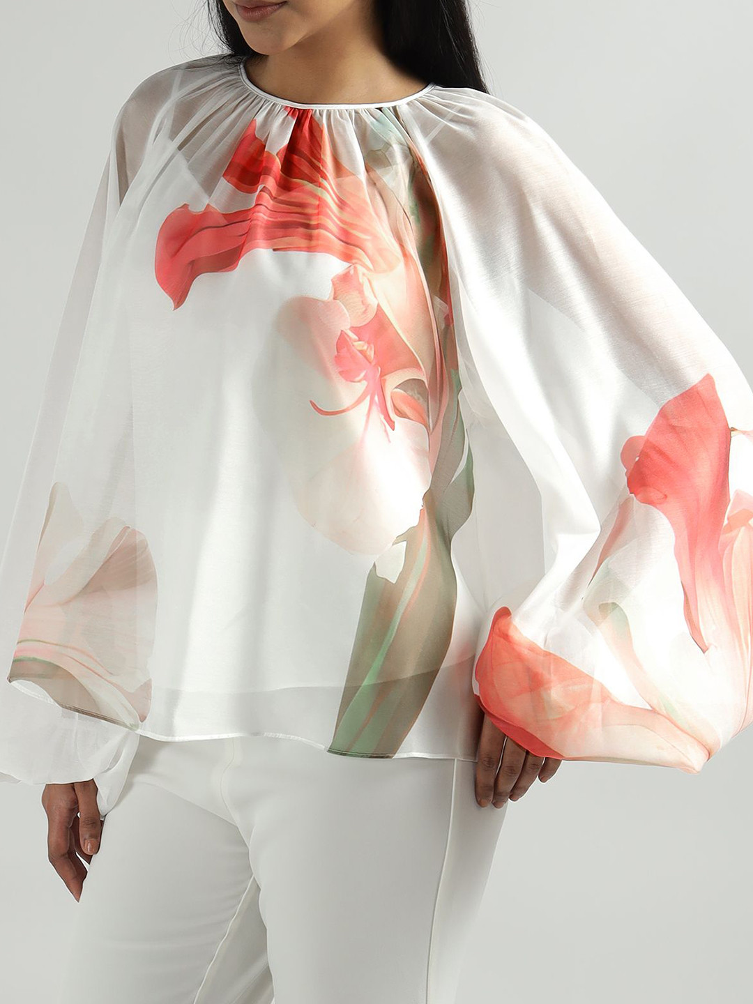 Ted Baker Floral Print Puff Sleeves Regular Top