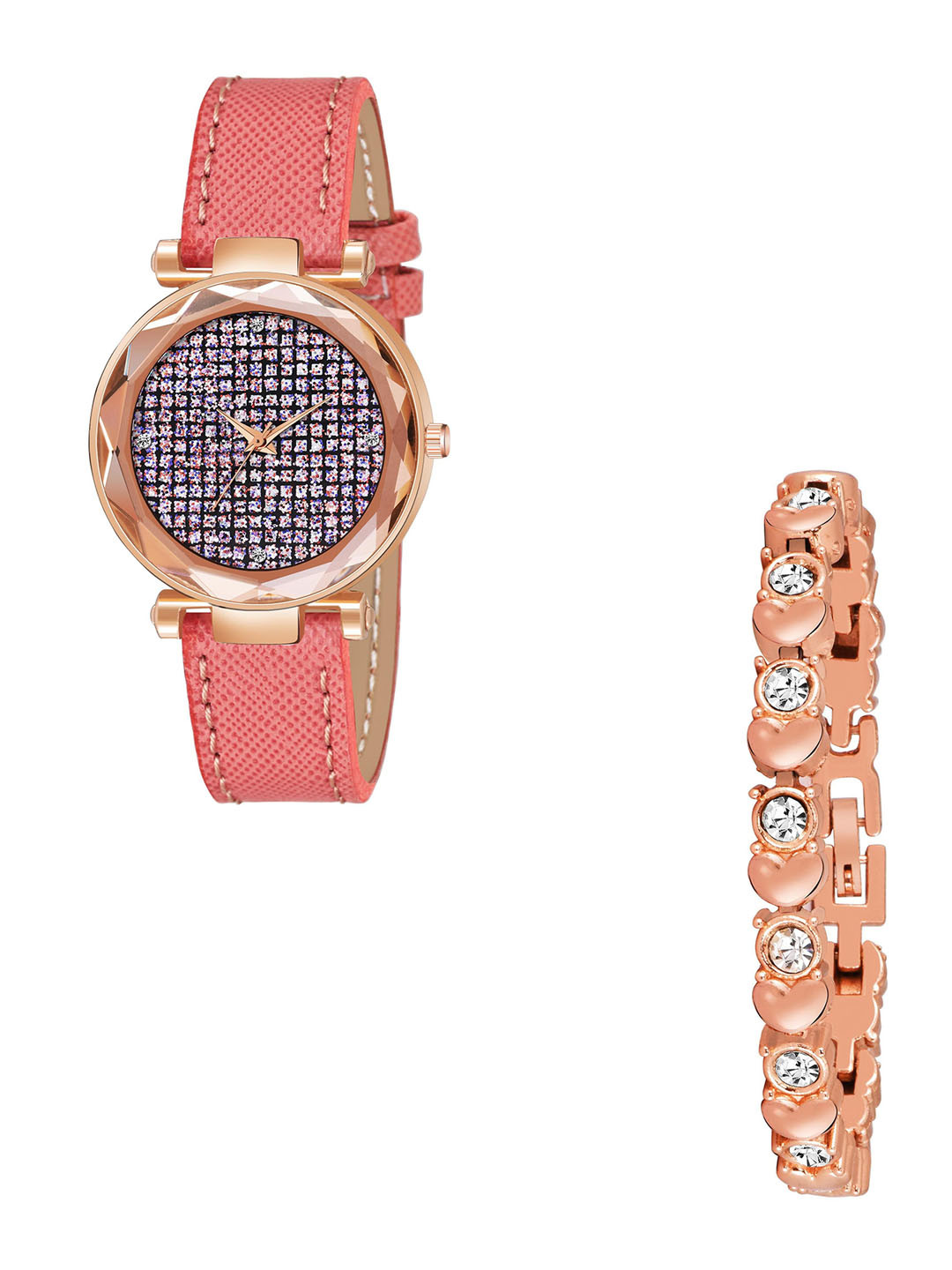 Gopal Shopcart Unisex Leather Straps Watch Full Daimouns Orange_Lether Copper Bracelet