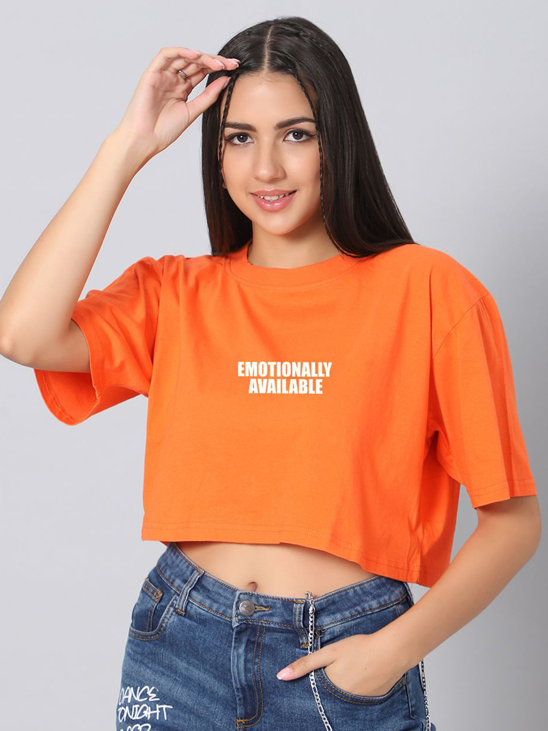 Besick Typography Printed Round Neck Short Sleeves Crop Oversized Cotton T-shirt
