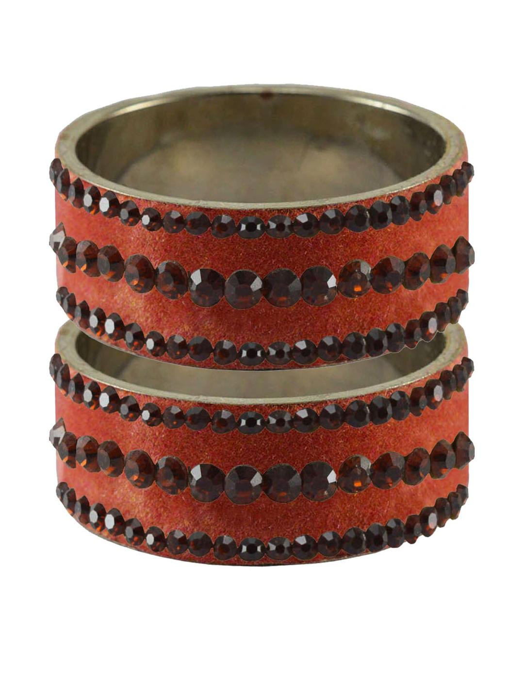 Vidhya Kangan Women Orange Pack of 2 Black Stone Brass Crystal Bangles