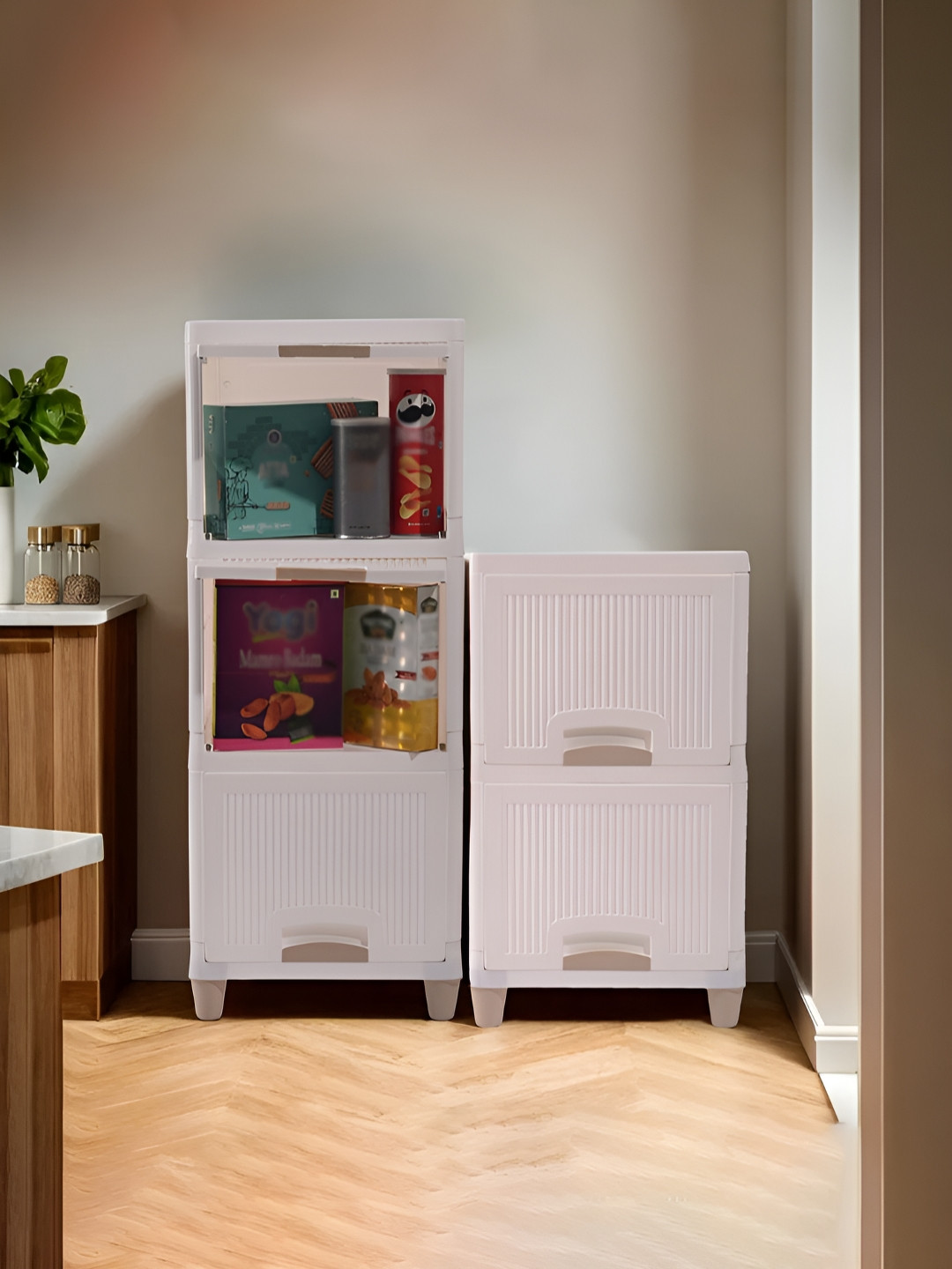 Aura White & Brown 5 Units Multipurpose ( 3 + 2 ) Folding Cabinet Storage Organizers