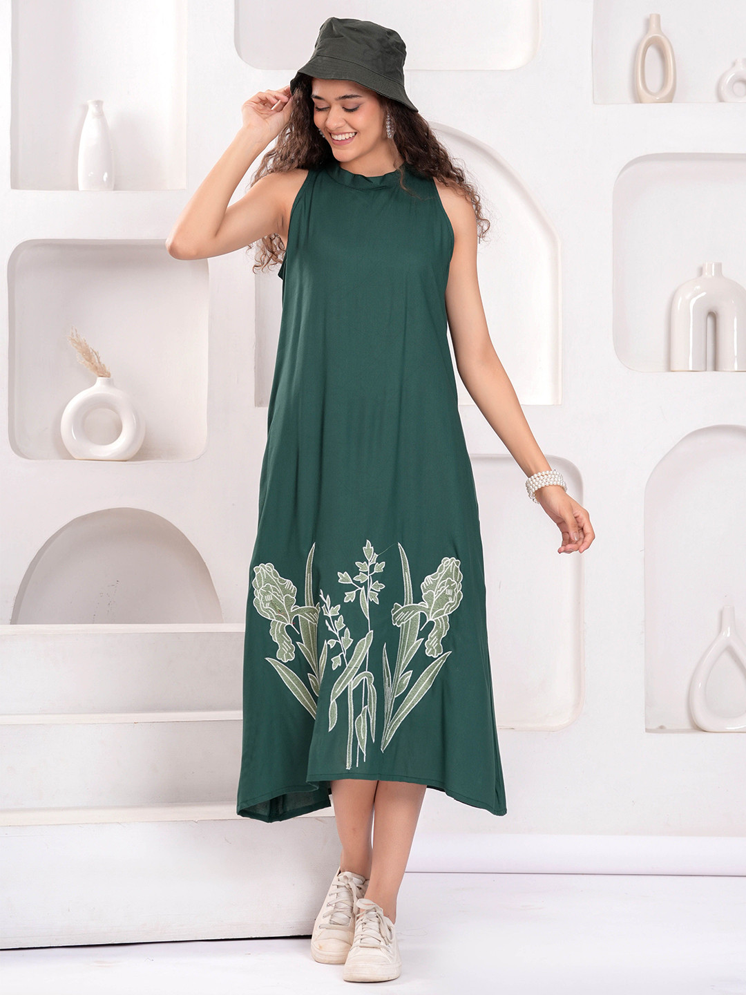 KALINI Women Floral Print Halter Neck Fit & Flare Midi Dress