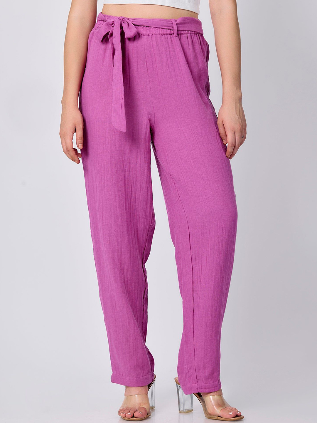 Outzidr Women Straight Fit Belted Peg Trousers