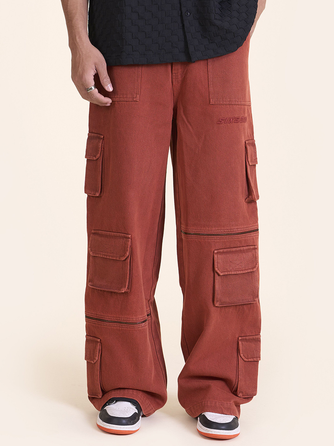 SIX5SIX BRICK Unisex Relaxed Fit Mid-Rise Cotton Denim Cargo Jeans