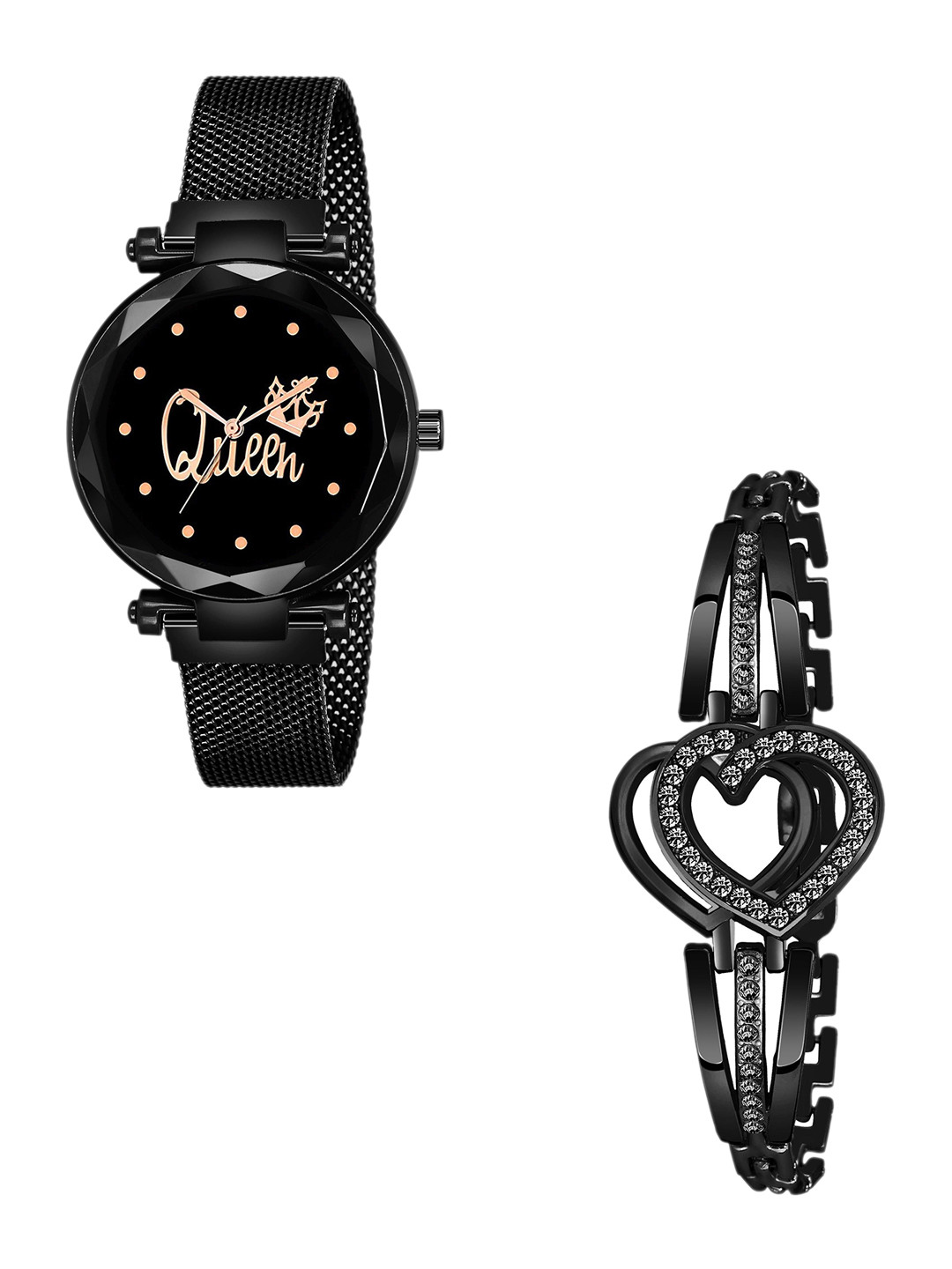 CSAMON Women Pack of 2 Watch with Bracelet Queen Black maganet Heart black Bracelet