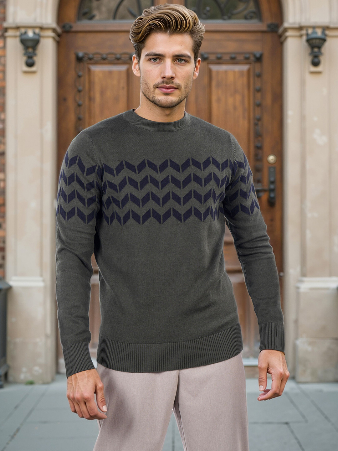 Celio Men Geometric Printed Regular Fit Cotton Jacquard Sweater