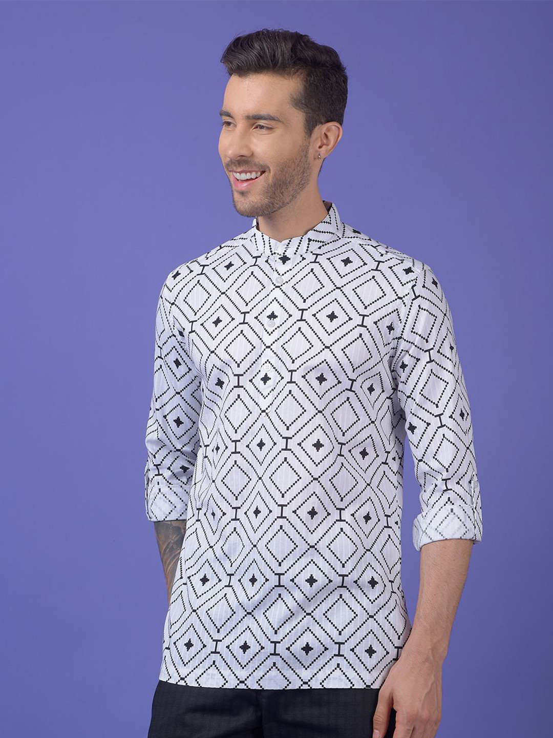 Crimsoune Club Men Geometric Printed Daily Pure Cotton Short Kurta