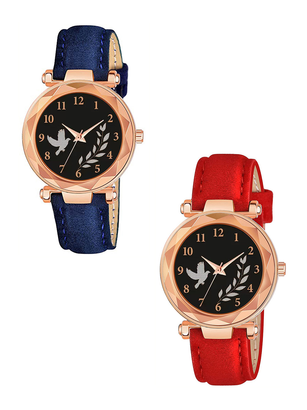 CSAMON Women Pack Of 2 Textured Straps Analogue WatchGR379RG BIRD BLU RED Vel L