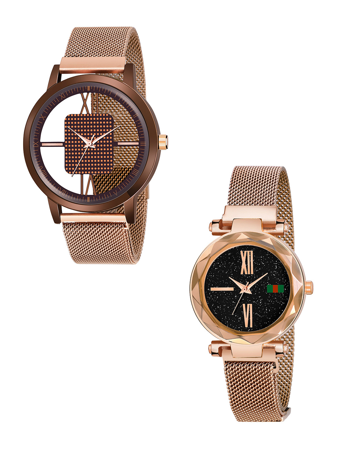 CSAMON Unisex Pack of 2 Round Dial & Stainless Steel Bracelet Style Straps Analogue Watch