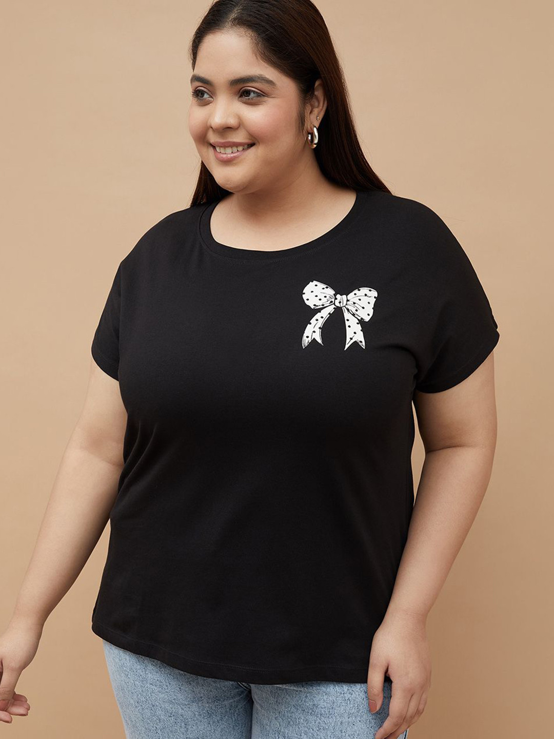 Nexus by Lifestyle Women Plus Size Bow Print Printed Round Neck Pure Cotton T-shirt