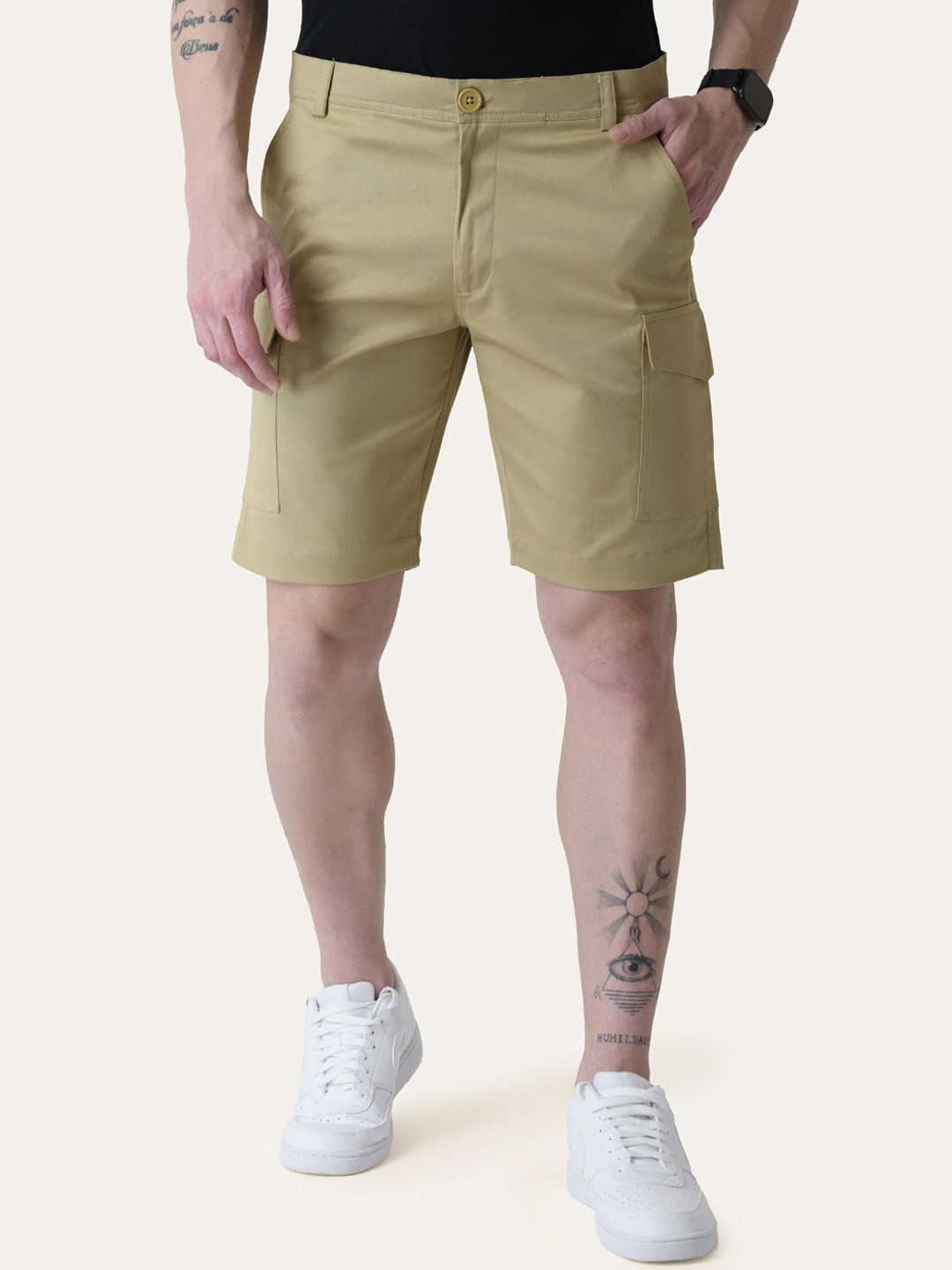 PERCH Men Regular Fit Twill Cotton Camel Brown Solid Shorts