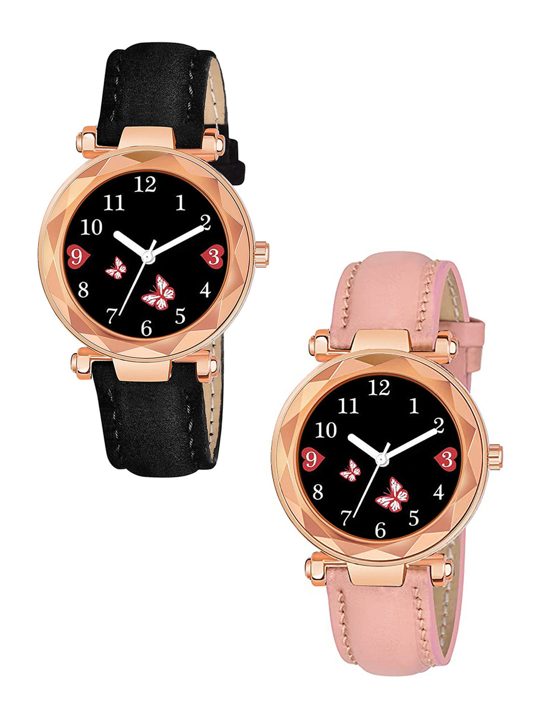 CSAMON Women Pack of 2 Printed Dial & Straps Analogue Watch GR379RG BFly BLK Vel PINK G L