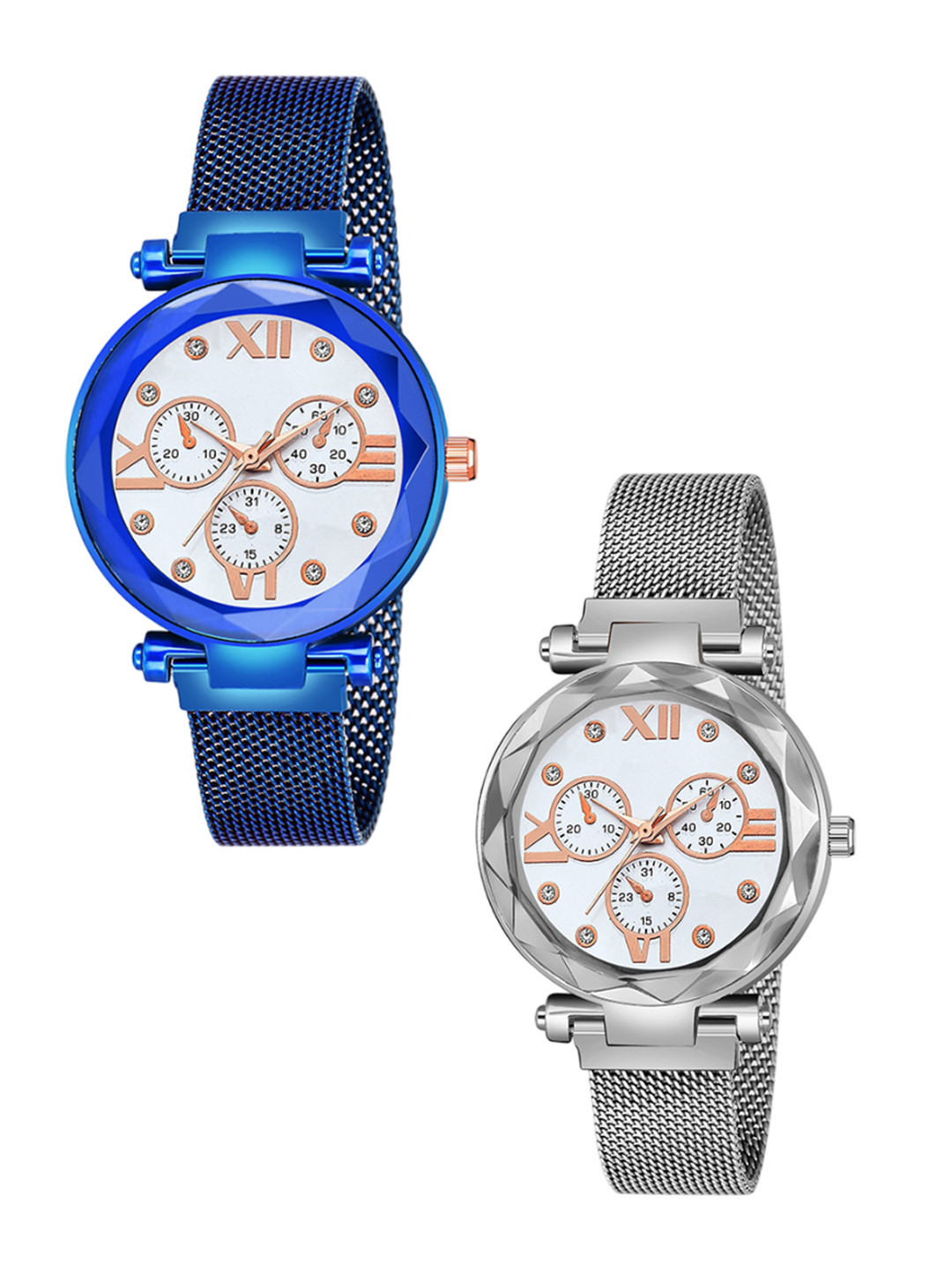 CSAMON Set Of 2 Women Magnetic Strap Analogue Watch Mina White Dial Blue Silver Maganet