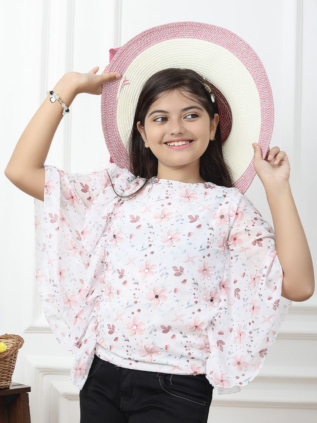 Miss & Chief Girls Floral Printed Batwing Sleeve Ruffles Georgette Top