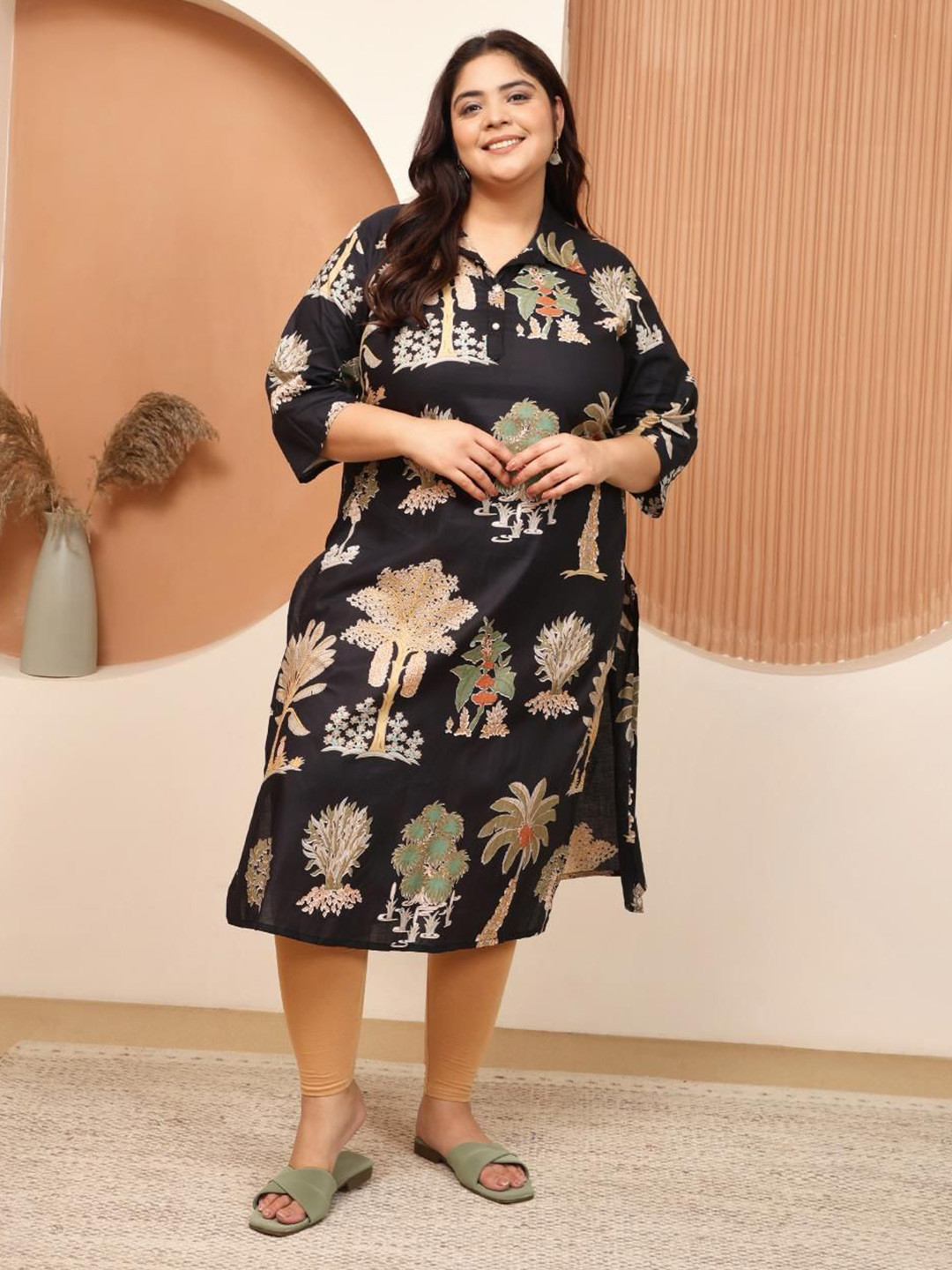 House Of Attire Plus Size Floral Printed Pure Cotton Shirt Collar Ethnic Straight Kurta