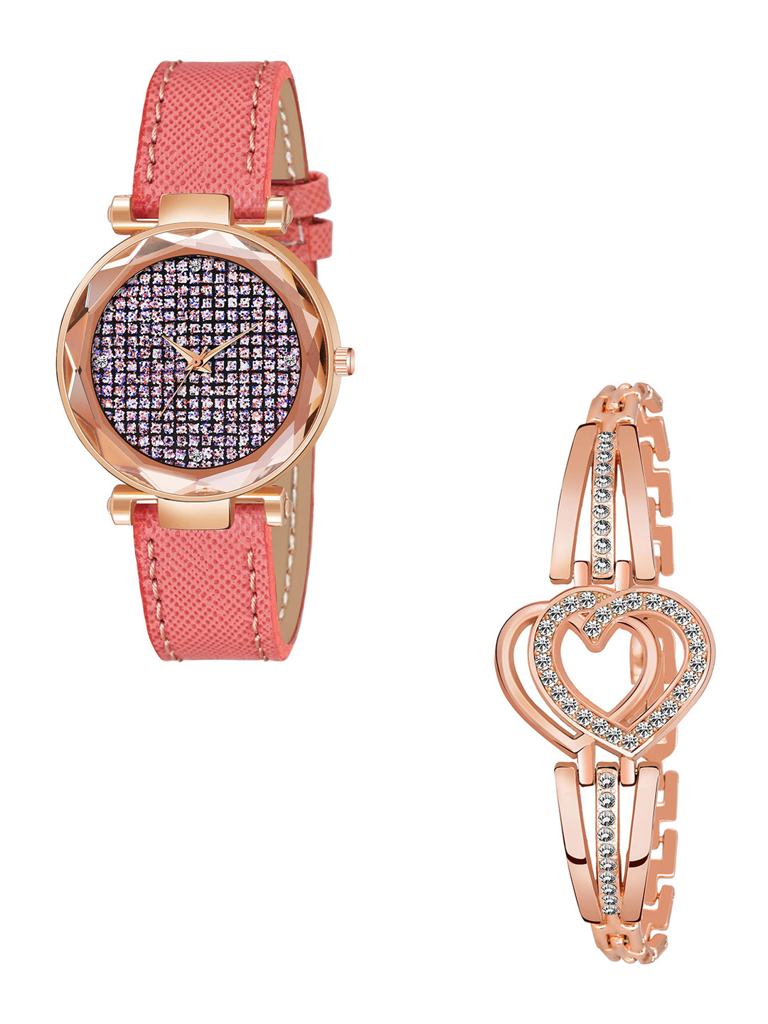 CSAMON Women Embellished Watch with Bracelet Daimouns_Lether Copper Heart Bracelet