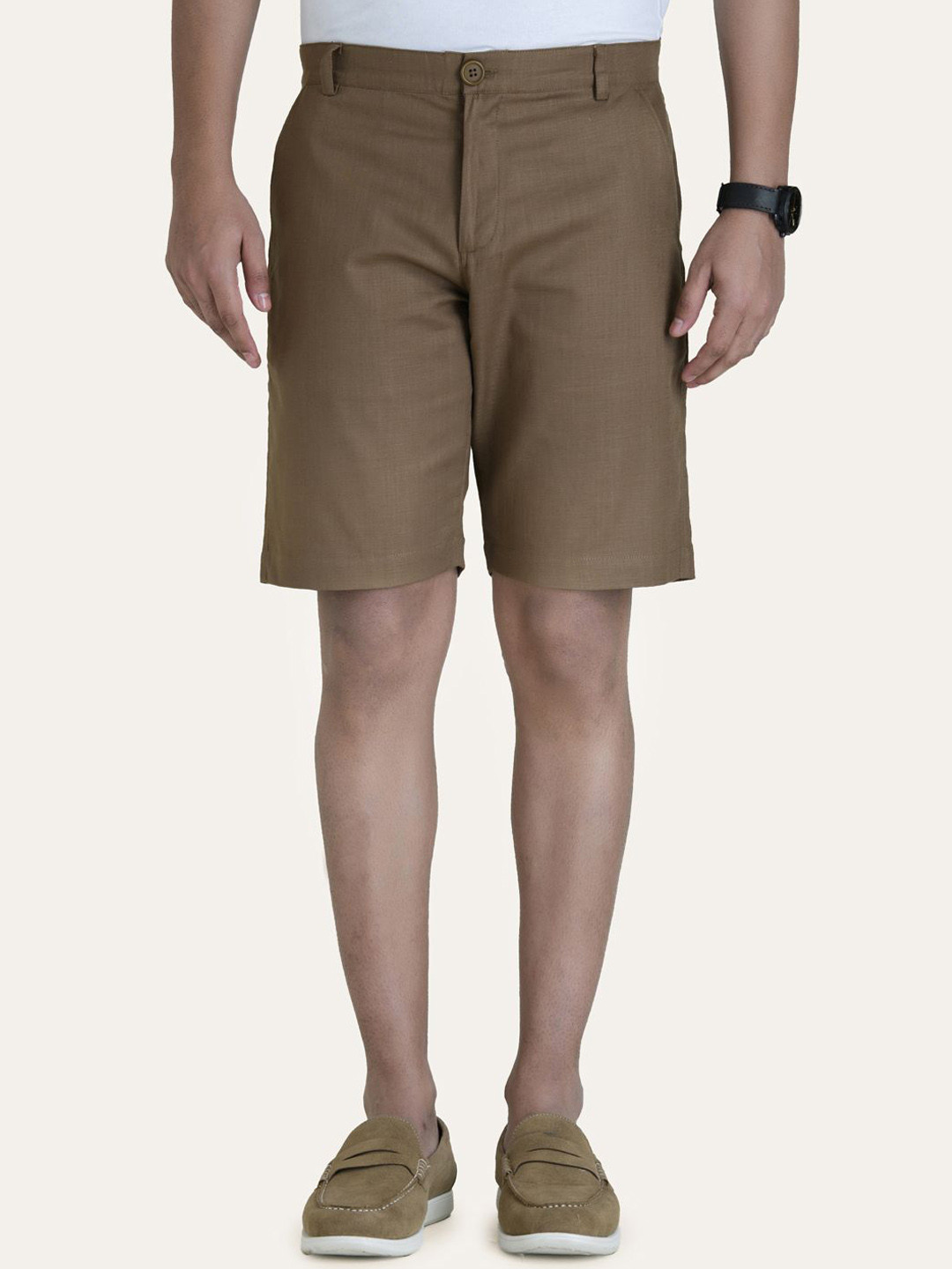PERCH Men Regular Fit Linen Brown Solid Shorts