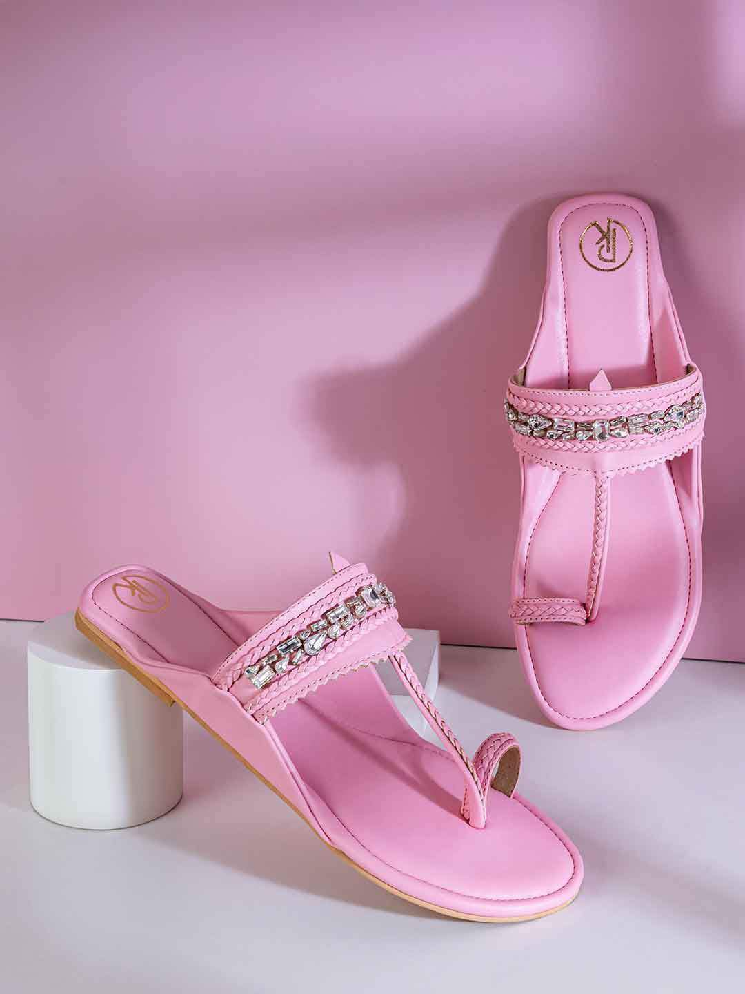 Preet Kaur Women Pink Embellished Kolhapuri Flats