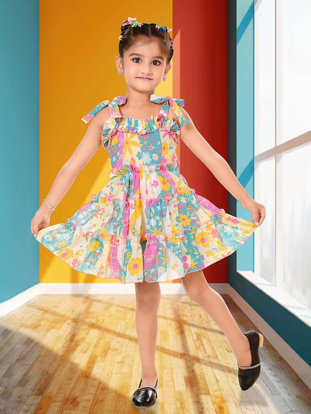 KAARIGARI Girls Floral Printed Fit & Flare Dress