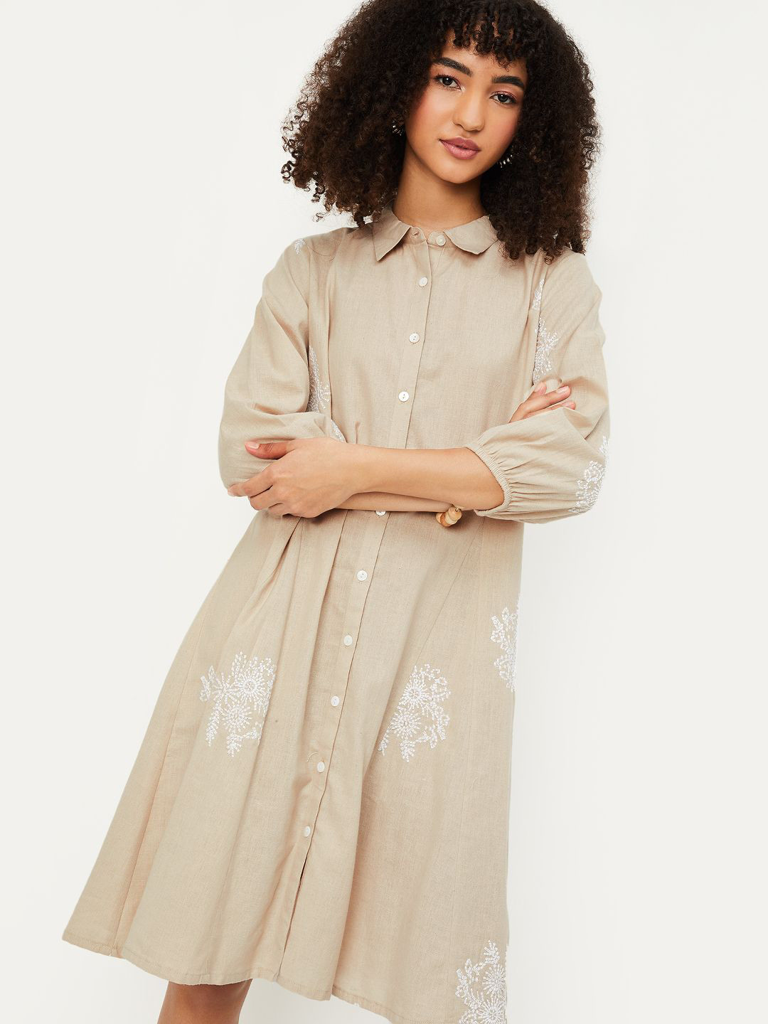 max Women Ethnic Motifs Embroidered Shirt Collar Puff Sleeves Cotton Shirt Dress
