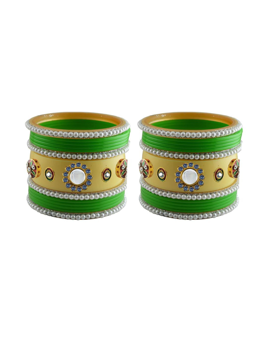 Vidhya Kangan Women Set Of 2 Green & Gold Brass Plain with Artificial Stones Bangles