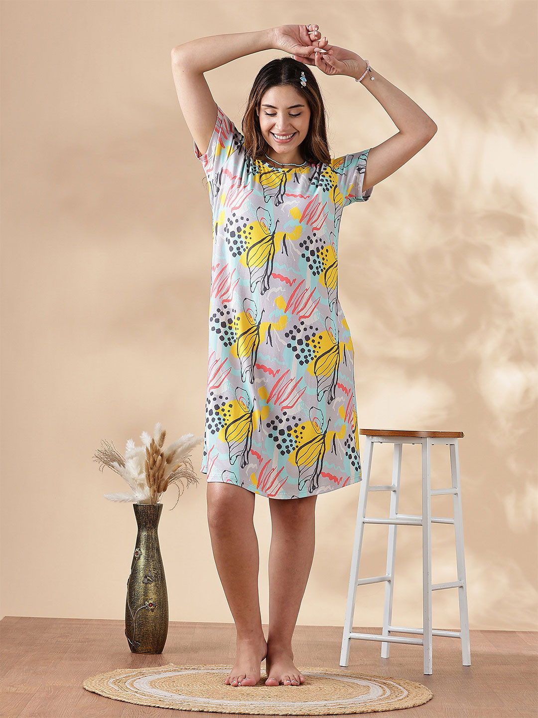 9shines Label Women Abstract Printed Short Sleeve Plus Size Nightdress