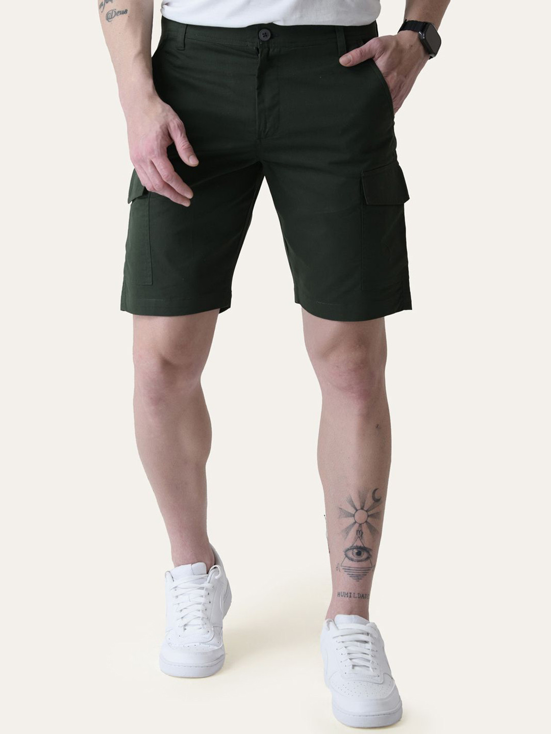 PERCH Men Bottle Green Twill Cotton Solid Cargo Styles Shorts
