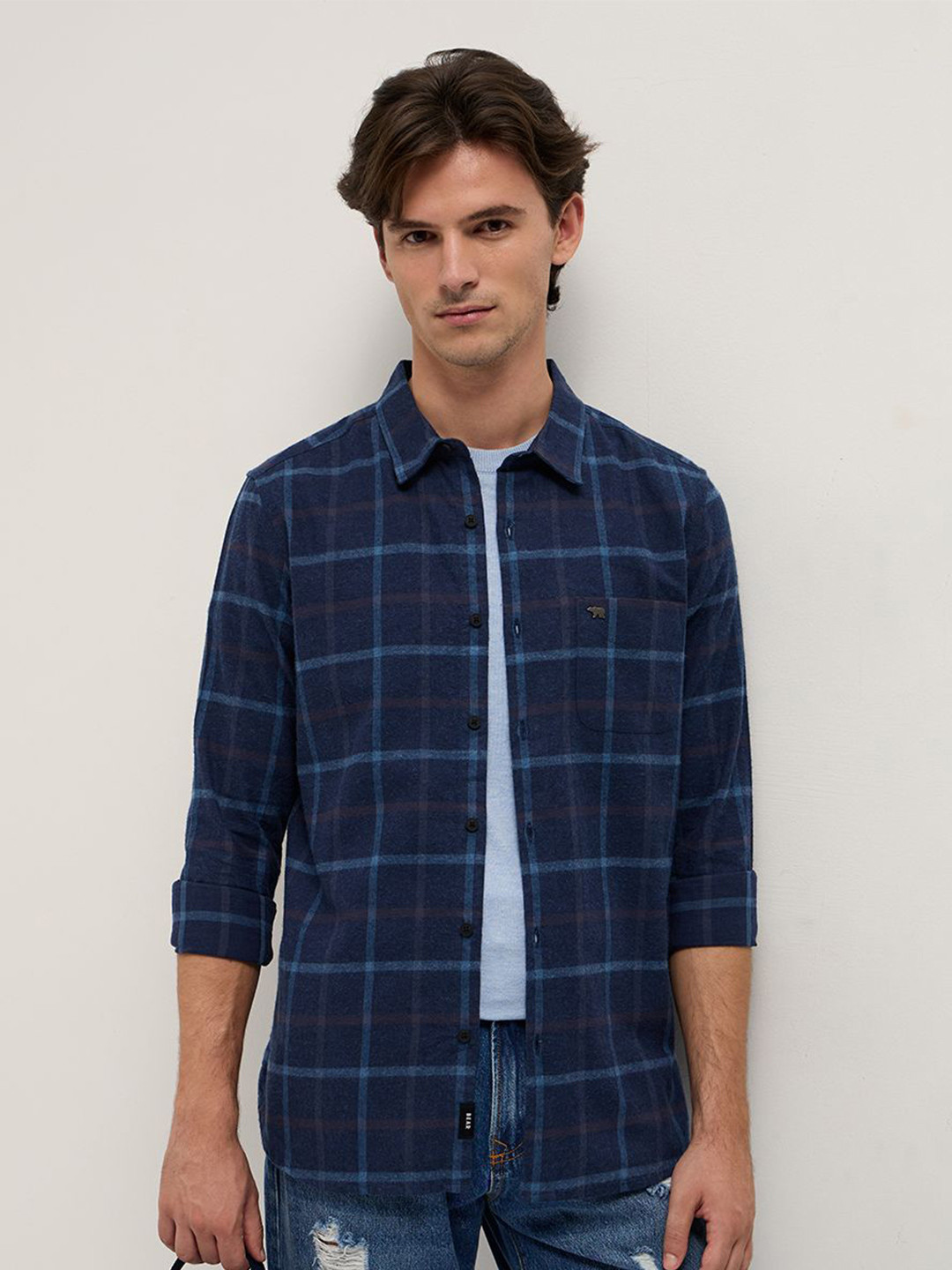 THE BEAR HOUSE Flannel Checked Slim Fit Pure Cotton Casual Shirt