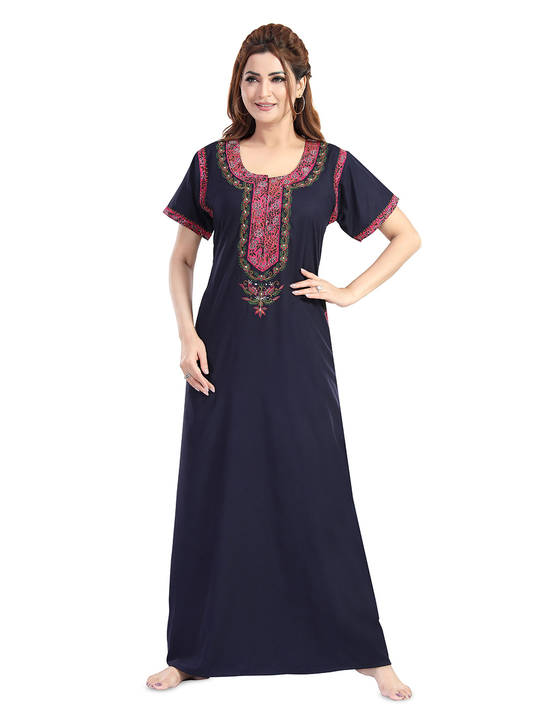 NIGHT QUEEN Women Embroidered Short Sleeve Maxi Nightdress
