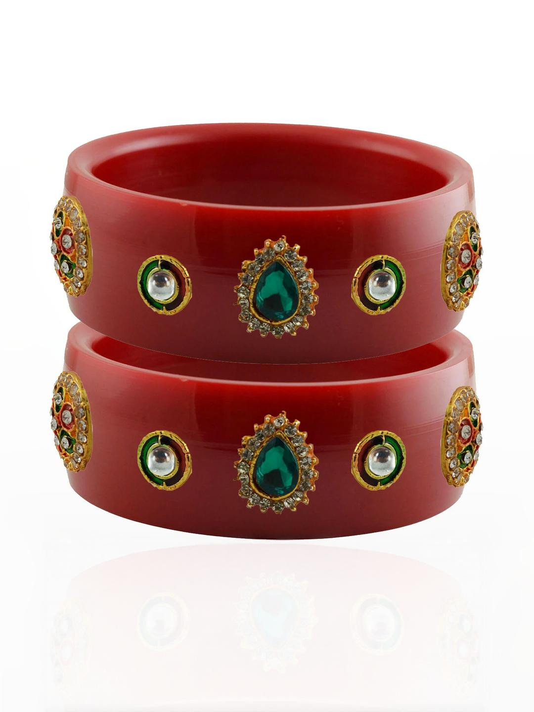 Vidhya Kangan Pair of 2 Red Artificial Stones Glass Bangle