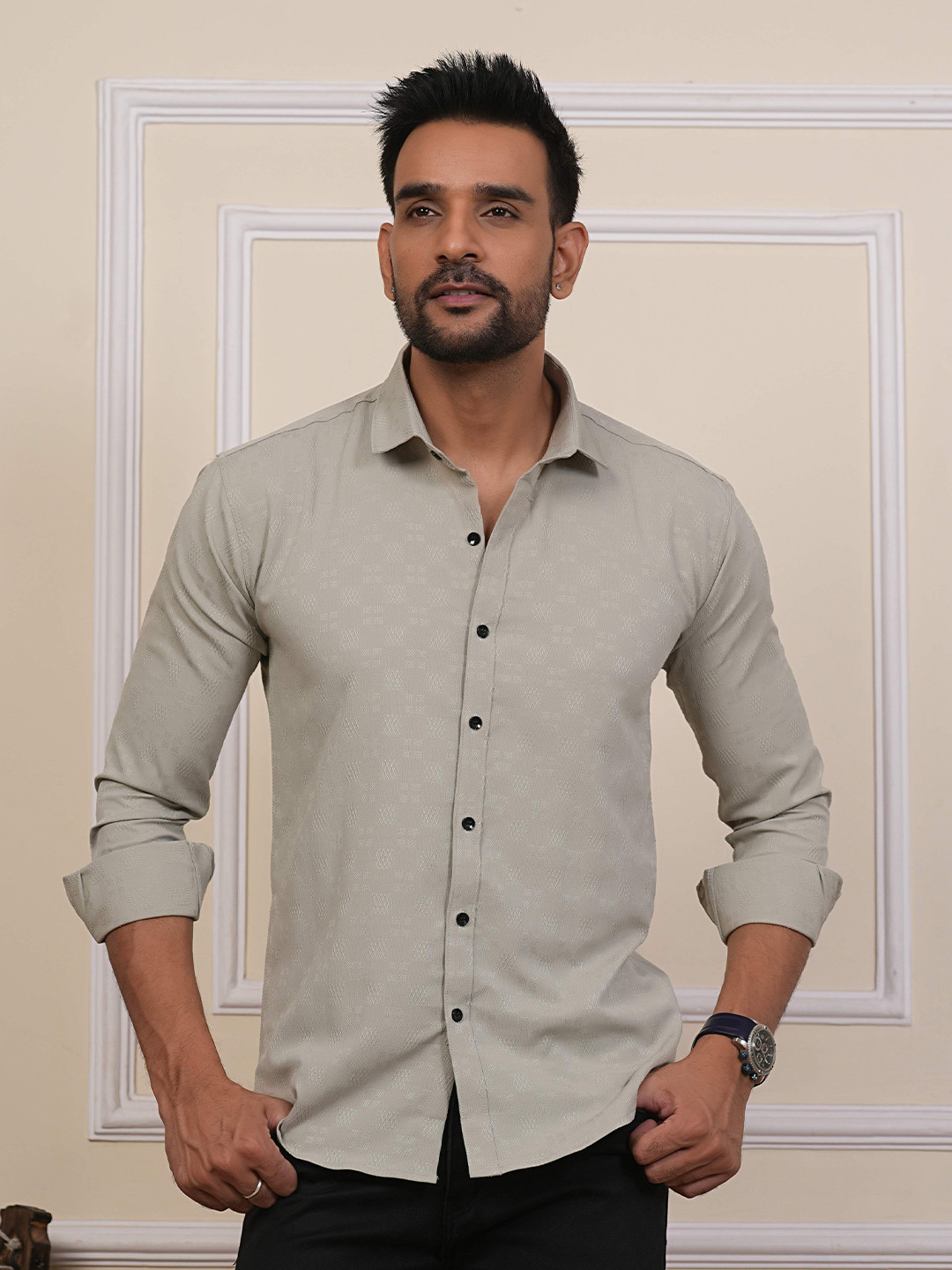 BADLAND Men Classic Regular Fit Textured Spread Collar Casual Shirt