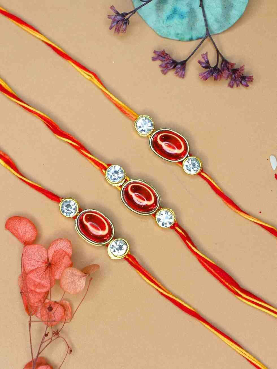 Anouk Set Of 3 Red Stone Rakhi With Funny Card, Roli & Chawal