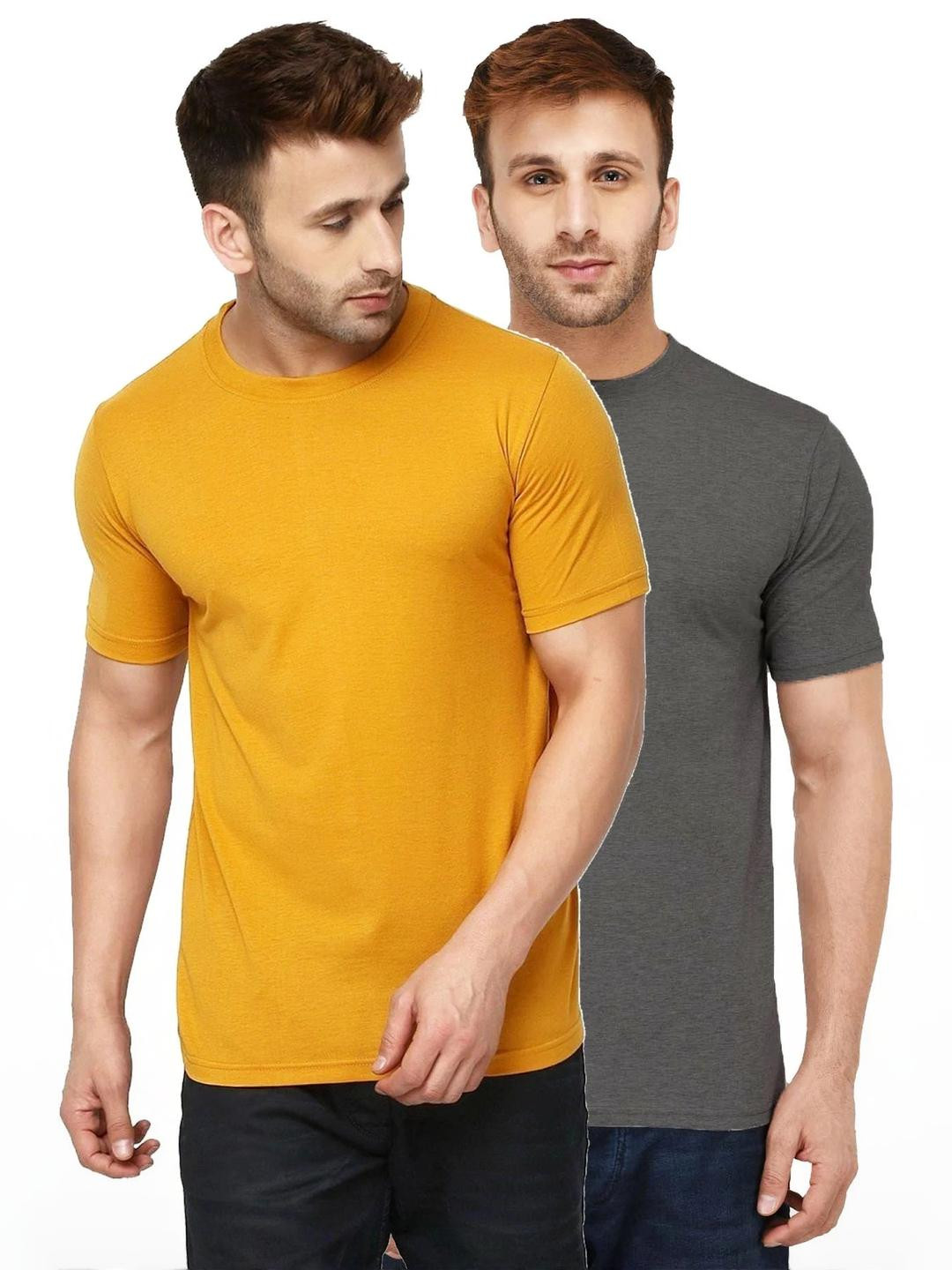 Kroptee Men Yellow and Grey Pack of 2 Solid T-shirts