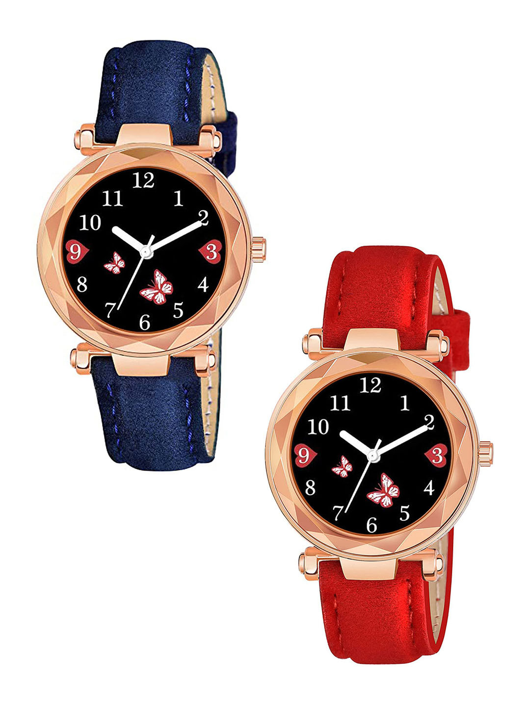 CSAMON Women Pack Of 2 Dial & Textured Straps Analogue Watch GR379RG BFly BLU RED Vel L