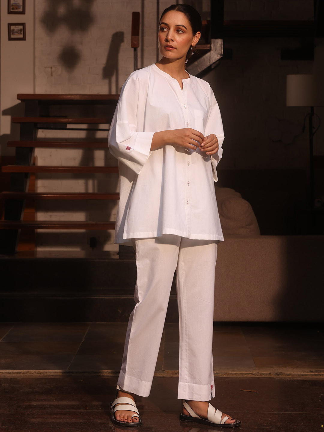 Raas by Ekta Koi Fish Embroidered Notch Neck Pure Cotton Tunic With Trouser