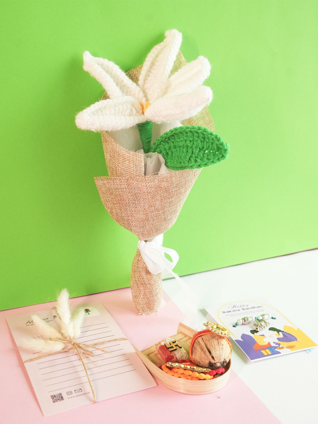 ArteCasa White Handcrafted Crochet Lily Rakhi Hamper