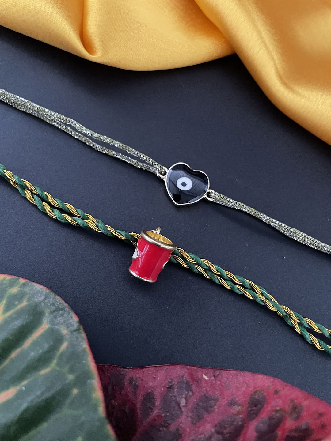 Digital Dress Room Set Of 2 Heart Evil Eye& Coffee Mug Charm Thread Rakhis