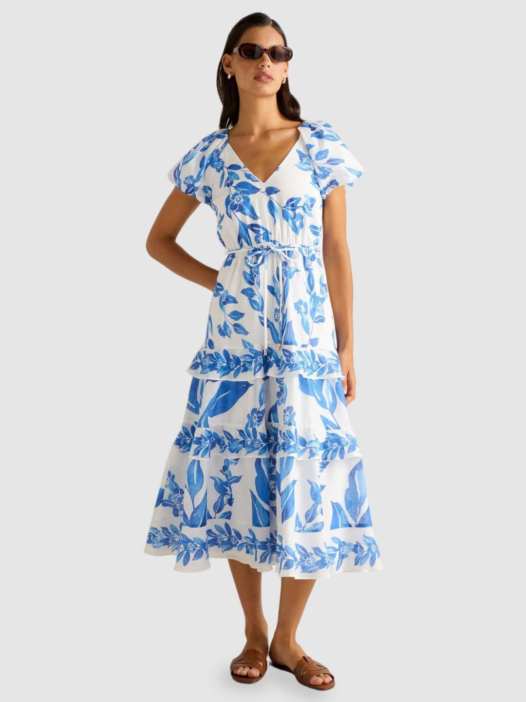 Forever New Floral Printed Puff Sleeve Tiered Ruffle Fit & Flare Midi Dress