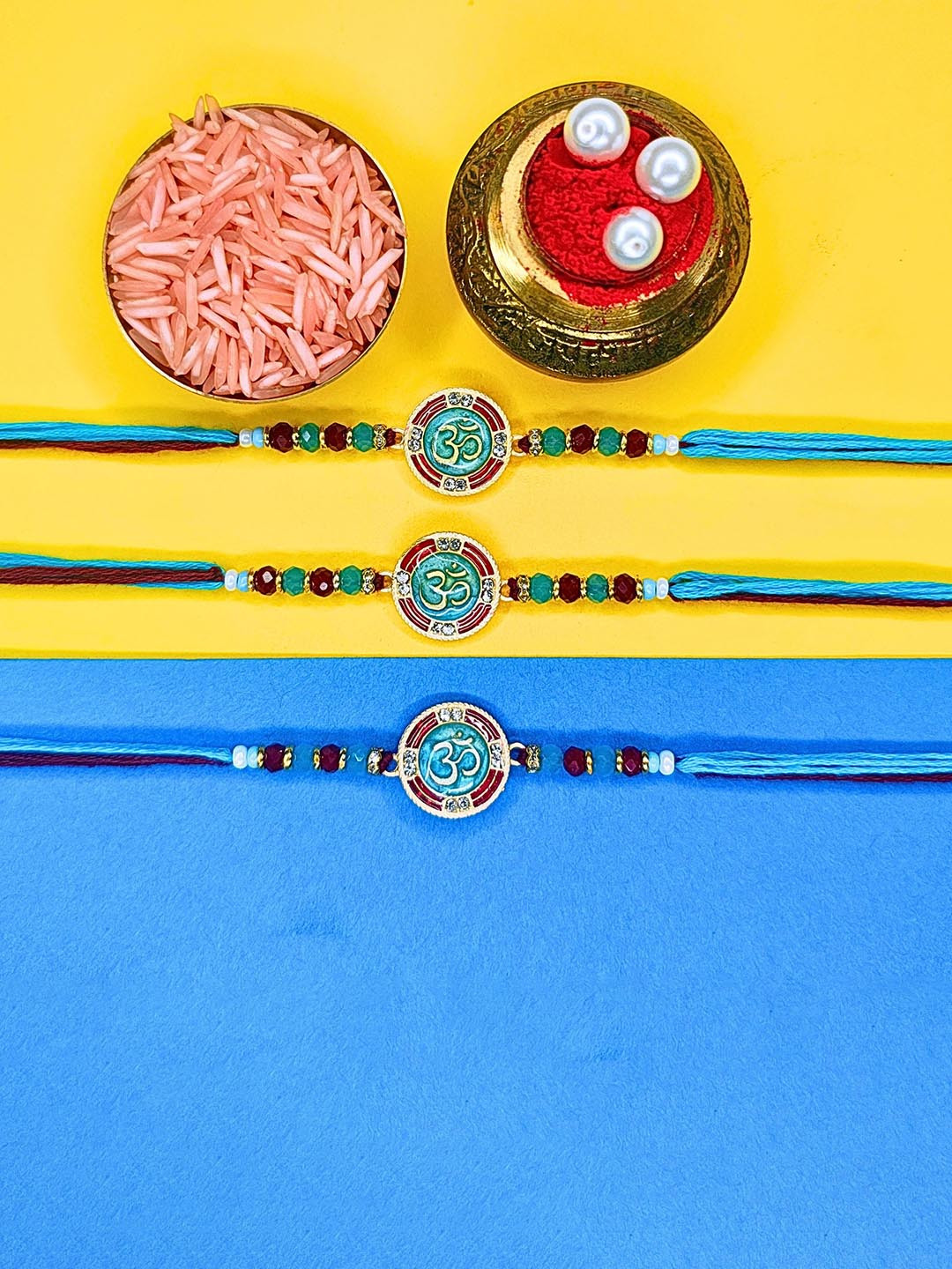 ORANGENYSHA Set Of 3 American Diamond Studded & Beaded Meenakari Thread Rakhis